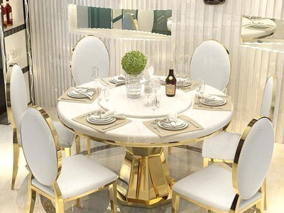 后现代轻奢不锈钢新款大理石餐桌创意餐桌椅套装饭桌子带转盘家具