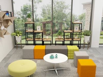 简约现代教育培训机构早教中心幼儿园接待会客休息区长条沙发组合