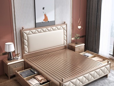美式轻奢实木床1.8米婚床主卧1.5m软包乡村简约储物家用双人皮床