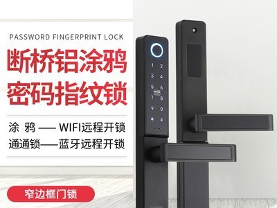 外贸断桥铝涂鸦智能门锁公寓指纹密码锁wifi远程窄边门指纹锁厂家