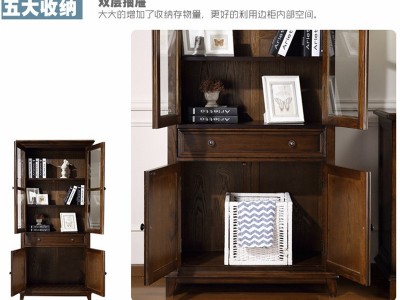 书柜纯实木美式书房家具大容量储物柜玻璃展柜田园乡村书橱定制图3