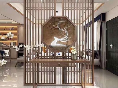 厂家定制玄关新中式花格禅意装饰画圆形钛金不锈钢玻璃屏风山图2