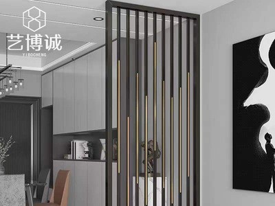 设计酒店大堂入户玄关不锈钢黑钛金属格栅轻奢铁艺屏风隔断墙装饰图2
