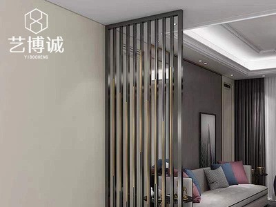 设计酒店大堂入户玄关不锈钢黑钛金属格栅轻奢铁艺屏风隔断墙装饰图3