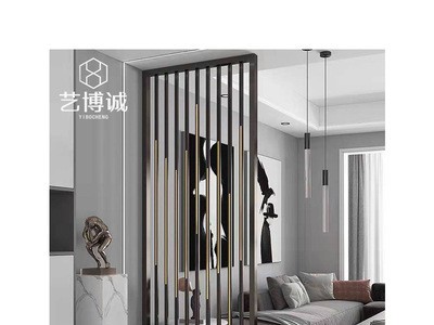 设计酒店大堂入户玄关不锈钢黑钛金属格栅轻奢铁艺屏风隔断墙装饰图5