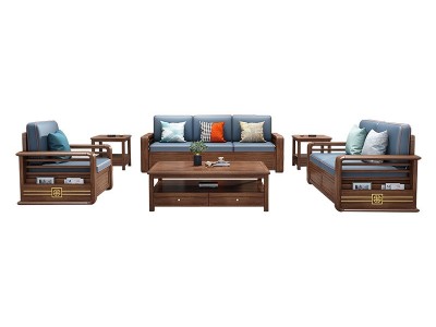 包邮 现代新中式实木沙发客厅轻奢高档贵妃组合沙发胡桃木沙发