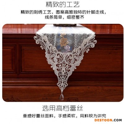 美目盼兮 手工刺绣桌旗 绣花蕾丝北欧餐桌装饰 电视柜玄关柜盖巾中式玫瑰桌旗