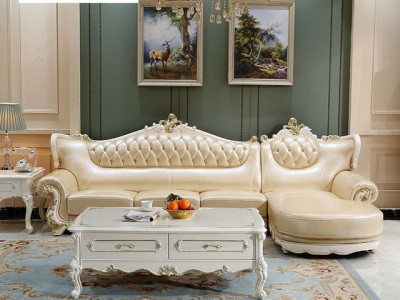 欧式客厅组合真皮沙发 转角头层牛皮沙发 实木雕花奢华橡牙白沙发