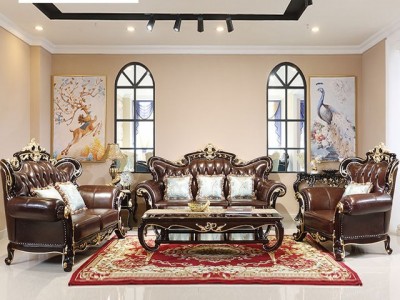 欧式真皮沙发 大小户型客厅组合123沙发红檀描金双面雕刻实木沙发