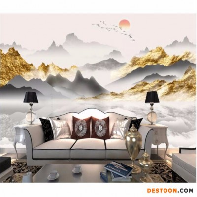 诺曼 沙发背景墙 金色水墨山水瓷砖壁画 书房背景墙 客厅电视背 大厅背景墙瓷砖 办公室瓷砖背景墙 3d背景墙瓷砖定制