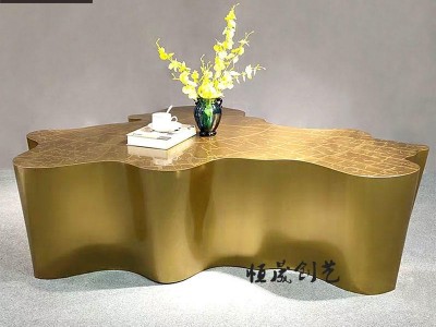 厂家直销极简轻奢不锈钢异形茶几高端客厅创意酒店样板房树根蚀刻年轮茶桌
