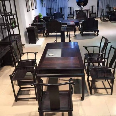 紫光檀茶台红木茶桌椅组合办公室茶几古典实木茶桌茶具套装一体7件套