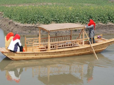 中式6人仿古观光船电动摇橹手划木船定制送休闲茶几