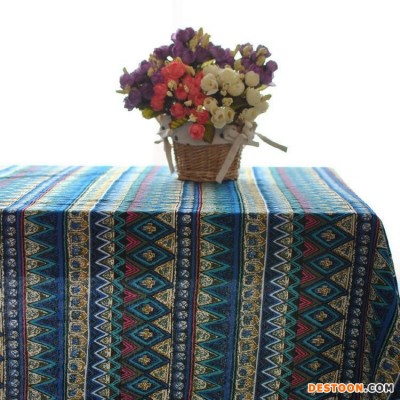 地中海桌布 餐桌布台布 茶几布棉麻条纹长方形 蓝色