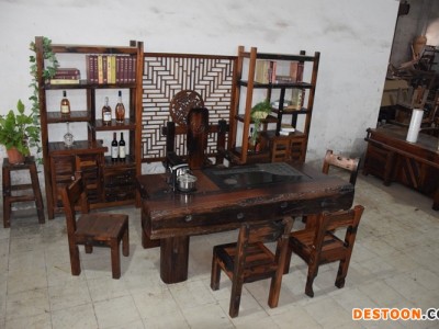 中式老船木茶桌椅组合特价休闲茶台实木功夫茶几古船木船板茶艺桌
