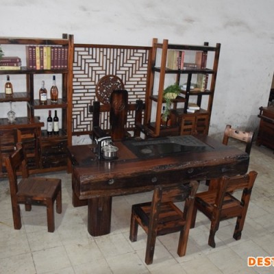 中式老船木茶桌椅组合特价休闲茶台实木功夫茶几古船木船板茶艺桌