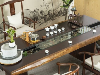 茶桌椅组合实木新中式泡茶台客厅禅意流水养鱼茶几鱼缸茶台图1