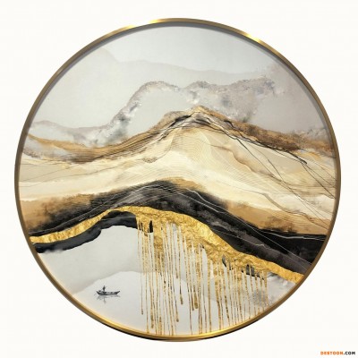 圆形新中式玄关装饰画招财风水圆版过道挂画现代山水画客厅油画沙发背景墙装饰挂件简约轻奢挂画