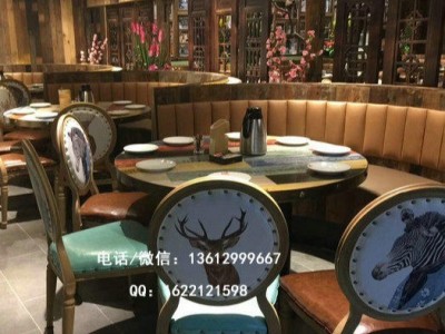 湘菜馆实木餐厅桌椅，深圳中餐厅桌椅批发，中式复古铁艺风格餐厅桌椅，实木餐椅定制价格，做旧风格卡座沙发
