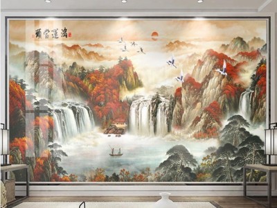 诺曼 风水画背景墙 背景墙山水图片效果图 水墨八方国画背景墙瓷砖画 客厅装饰画 聚财风水背景墙 客厅沙发背景墙上海市