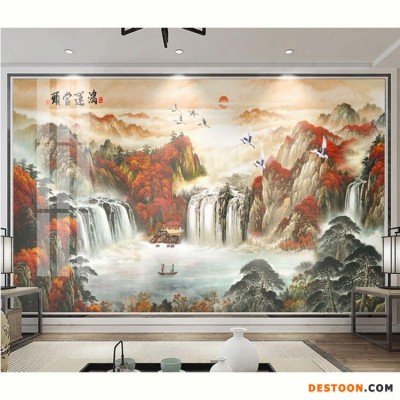 诺曼 风水画背景墙 背景墙山水图片效果图 水墨八方国画背景墙瓷砖画 客厅装饰画 聚财风水背景墙 客厅沙发背景墙上海市