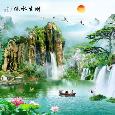 厂家定制 3D水墨壁纸山水电视背景墙纸流水生财壁画新中式墙画客厅沙发墙布