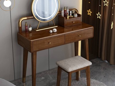 优家居新中式梳妆台简约全实木化妆台伸缩小型化妆桌收纳柜一体