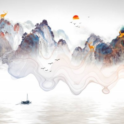 厂家定制 现代中式山水飞鸟沙发电视背景墙壁纸抽象线条壁画装饰墙纸
