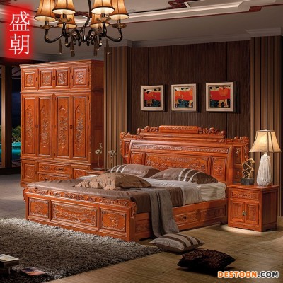 仿古中式海棠木1.8米双人大床床头柜组合全实木卧室厂家直销特价