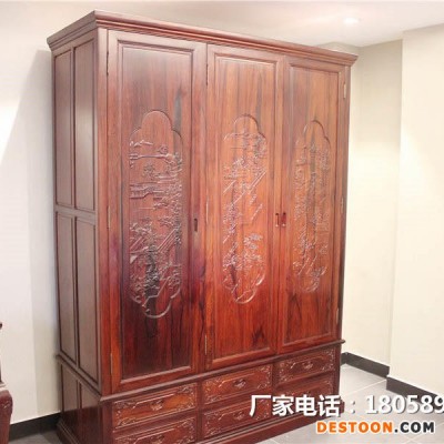 山水雕花衣柜_三门衣柜_红酸枝衣柜_海强红木
