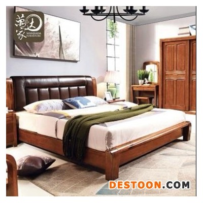 实木双人床主卧软靠皮床现代中式胡桃木1.8m米床头柜妆台尾凳组合