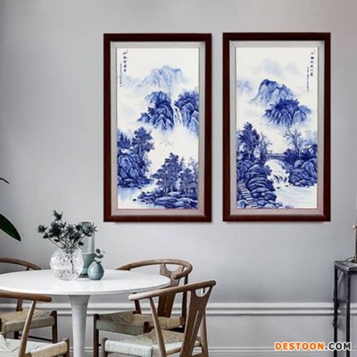 新中式竹报平安装饰画四条屏客厅沙发背景墙壁画手绘青花瓷瓷板