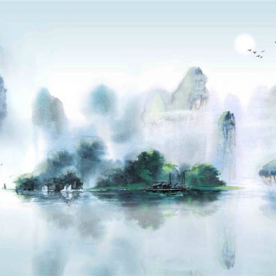 厂家定制 新中式山水背景墙 客厅沙发 真丝布