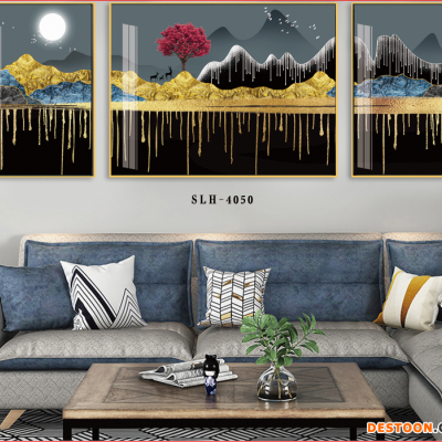 厂家定制 新中式客厅装饰画沙发背景墙三联画简约绿色山水挂画轻奢晶瓷壁画