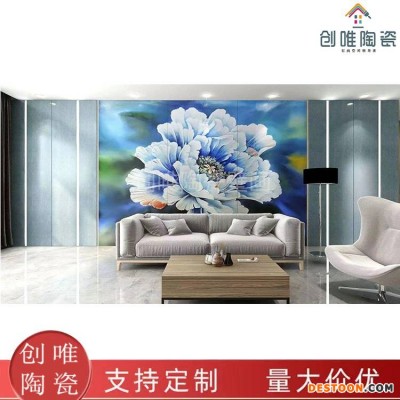 淄博创唯 新中式意境山水画岩板电视背景墙效果图客厅沙发瓷砖壁画