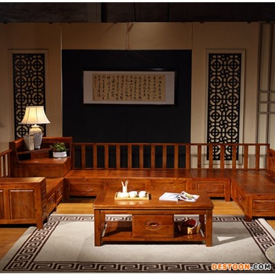 新中式实木组合沙发木布沙发转角贵妃客厅家具冬暖夏凉仿红木沙发