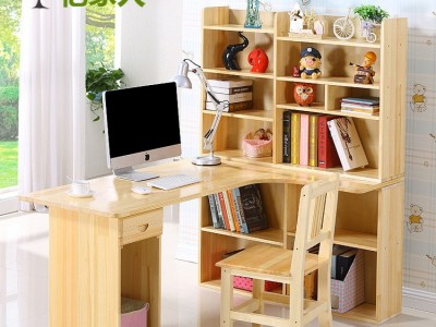 新款实木电脑桌带书架简约现代儿童书房书桌批发