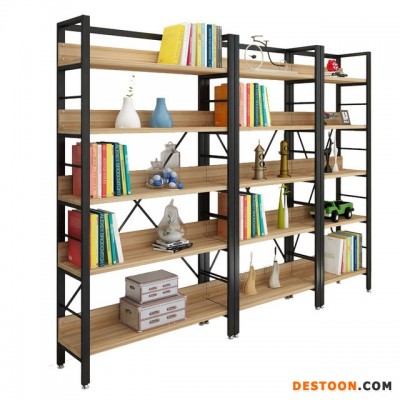 现代书架简易置物架客厅书柜 钢木组合储物货架简约落地收纳架铁艺