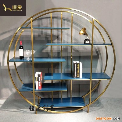 厂家直销简约现代不锈钢圆形落地书架多层置物架酒店展示架实木烤漆储物架