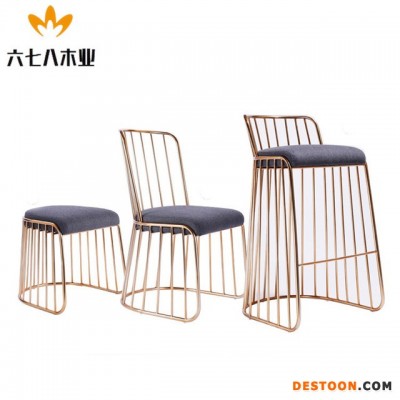 网凳椅北欧简约现代金色铁艺餐椅 咖啡厅创意设计休闲椅餐厅椅化妆椅子 六七八木业