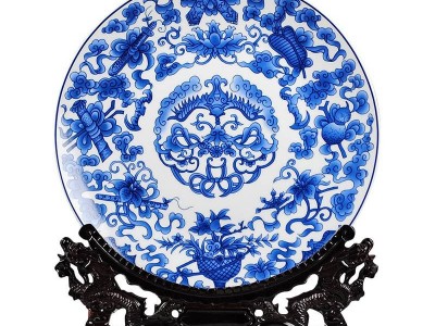 现代中式古典青花瓷如意挂盘装饰盘子 景德镇陶瓷赏盘办公桌看盘家居摆盘