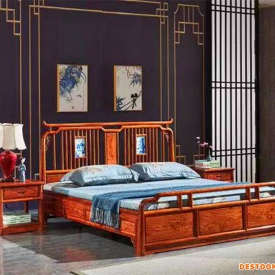 红木新中式大床花梨木一品管帽大床三件套批发价格