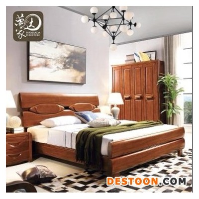 现代简约中式实木床 双人胡桃木床 家具卧室组合中式全实胡桃木8008