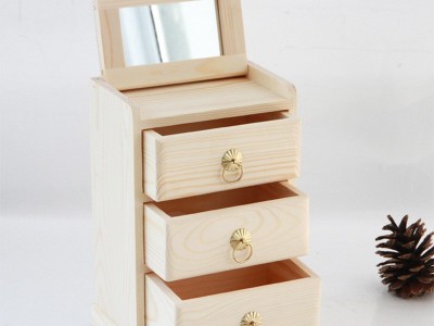 桌面摆件小号松木抽屉式收纳柜带镜子 简易首饰收纳木质储物柜
