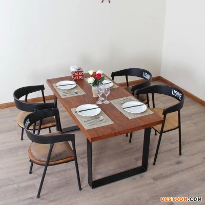 美式乡村复古松木餐厅快餐店餐桌椅组合 家用实木小户型桌子成套
