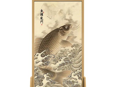 新古典实木屏风隔断客厅玄关酒店餐厅座屏半透纱移动屏风鱼跃龙门图4