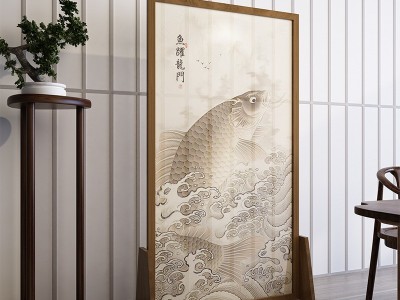新古典实木屏风隔断客厅玄关酒店餐厅座屏半透纱移动屏风鱼跃龙门图3