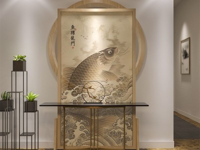新古典实木屏风隔断客厅玄关酒店餐厅座屏半透纱移动屏风鱼跃龙门图5
