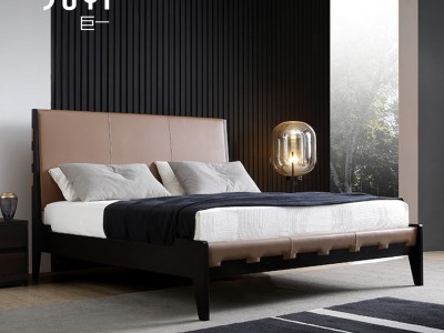 巨一全实木床1.8米双人床真皮床布艺床设计师风格高靠背华意同款