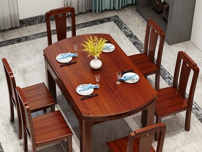 中式实木餐桌椅组合可伸缩圆桌